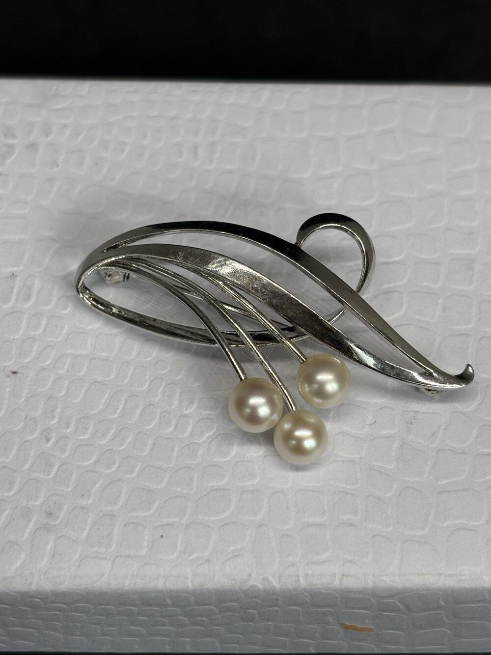 Vintage Mikimoto Sterling Silver Akoya Pearl Spray Brooch Signed Japan